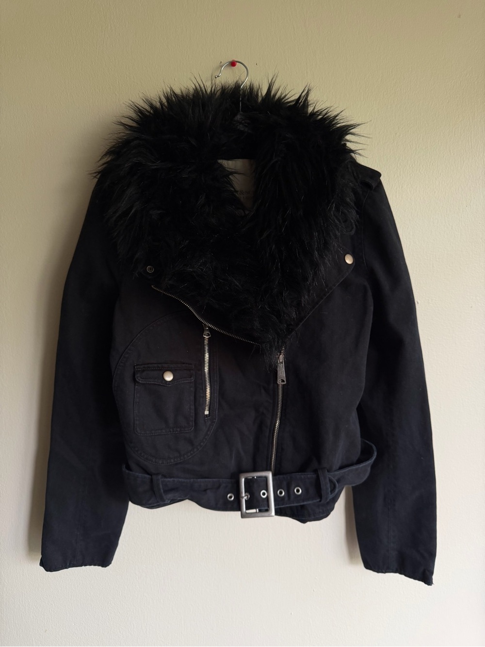 Denim & Supply Ralph Lauren Black Jacket with Faux Fur Collar and Belt
